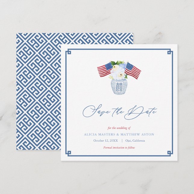 Klassisk röd vit blå USA-flagga Gingerkruka Bröllo Spara Datumet (Fram/baksida)