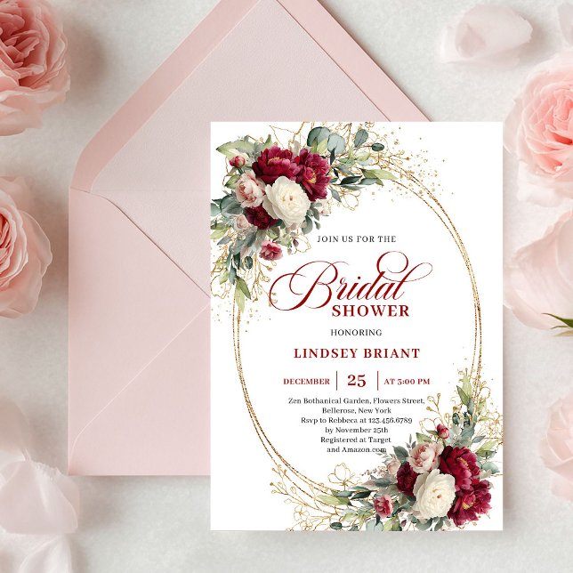 Klassisk röd vit blomster guld bröllopsdusch inbjudningar (Classic Red White Floral Gold Bridal Shower)