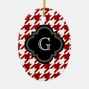 Klassisk röd vit houndstooth med monogram julgransprydnad keramik