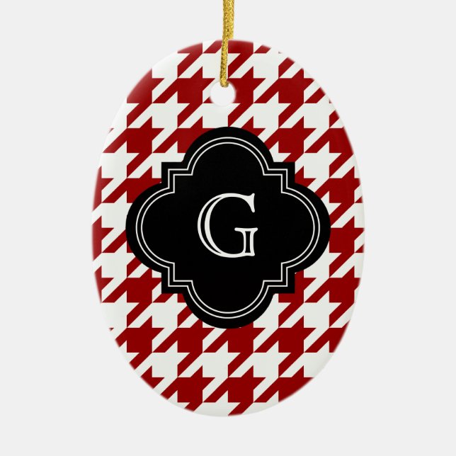Klassisk röd vit houndstooth med monogram julgransprydnad keramik (Framsidan)