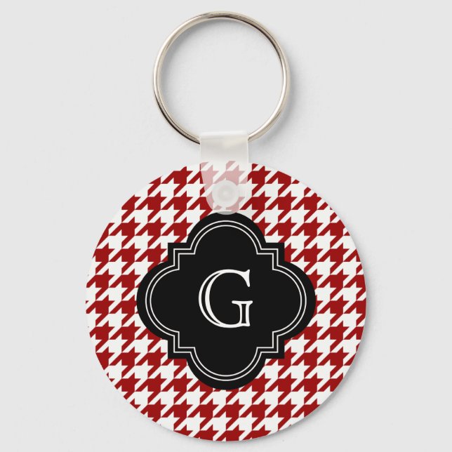 Klassisk röd vit houndstooth med monogram nyckelring (Framsida)