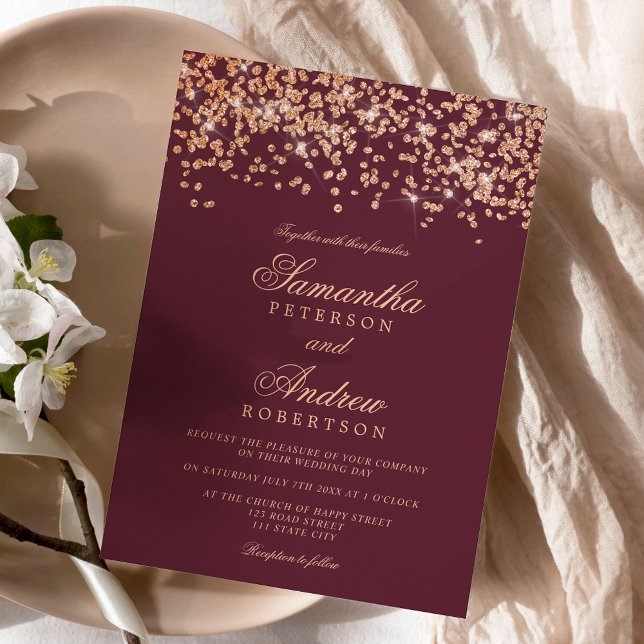 Klassisk rödburgundi ro guld konetti bröllop inbjudningar (Classic red burgundy rose gold confetti wedding invitation)