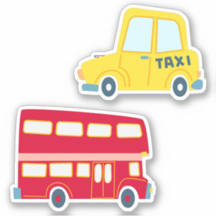 Klassisk rödvägstrafik i taxi gult buss, sylt klistermärken