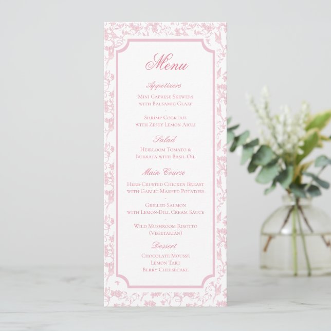 Klassisk Rosa Blommig Toile Bröllopsmeny Spara Datumet (Stående Fram)