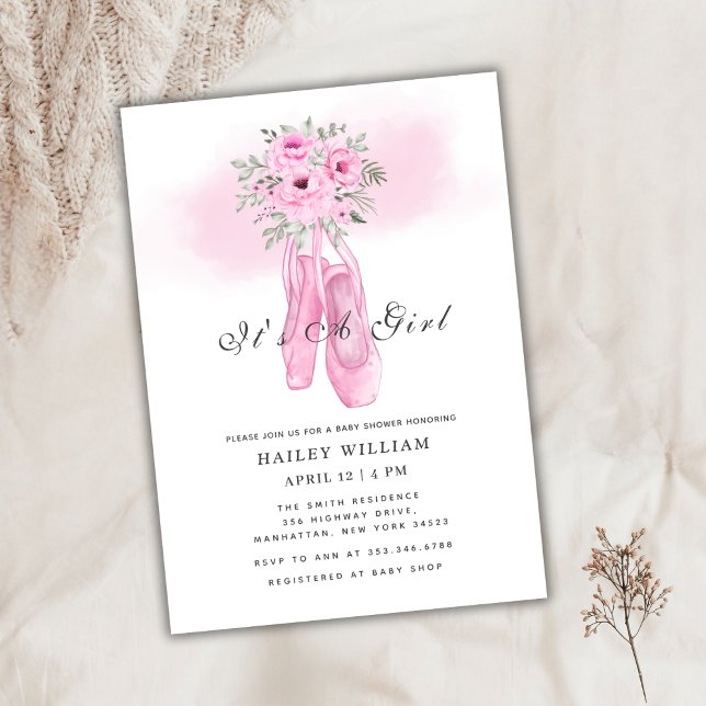 Klassisk Rosa Blommigt Ballerina Shoes Baby Shower Inbjudningar (Classic Pink Floral Ballerina Shoes Baby Shower Invitation)