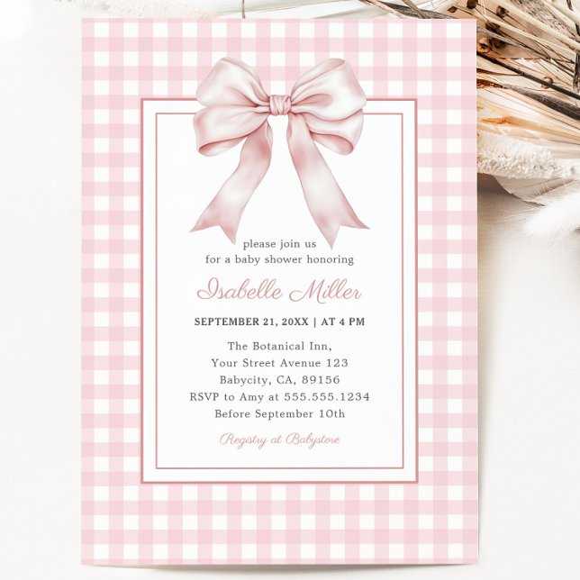 Klassisk Rosa Bow Gingham Girl Baby Shower Inbjudningar (Classic Pink Bow Gingham Girl Baby Shower Invitation)