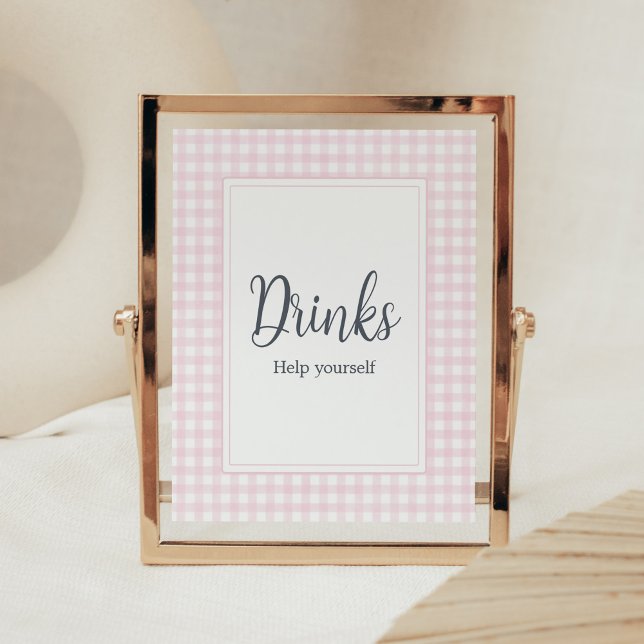 Klassisk Rosa Gingham Baby Shower Drinks Poster (Girl Gingham Baby Shower Drinks Sign)