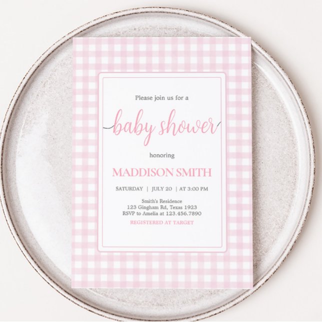Klassisk Rosa Gingham Baby Shower Inbjudningar (Girl Gingham Baby Shower Invitation)