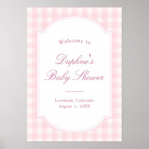 Klassisk Rosa Gingham Baby Shower Välkomstskylt Poster