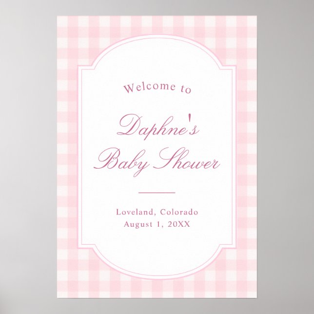 Klassisk Rosa Gingham Baby Shower Välkomstskylt Poster (Framsidan)