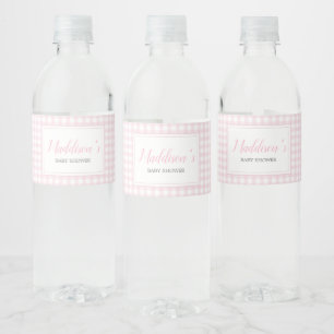 Klassisk Rosa Gingham Baby Shower Vattenflaskor Etikett