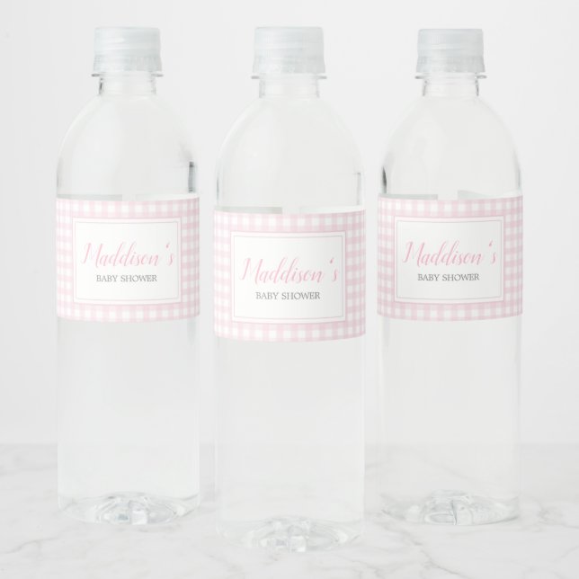 Klassisk Rosa Gingham Baby Shower Vattenflaskor Etikett (Flaskor)