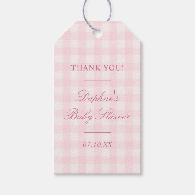 Klassisk rosa gingham-babyshower presentetikett (Framsidan)