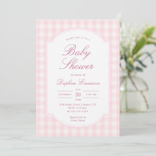 Klassisk rosa Gingham-bebisfest Inbjudningar