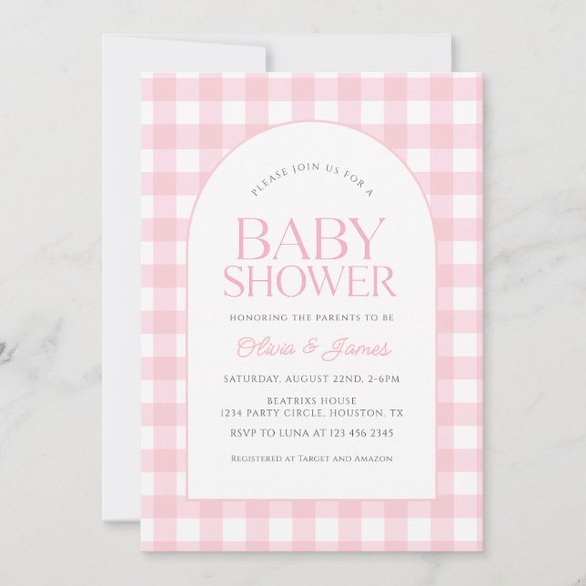 Klassisk Rosa Gingham Girl Baby Shower Inbjudningar (Framsida)