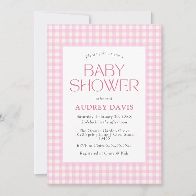 Klassisk Rosa Gingham Girl Baby Shower Inbjudningar (Framsida)