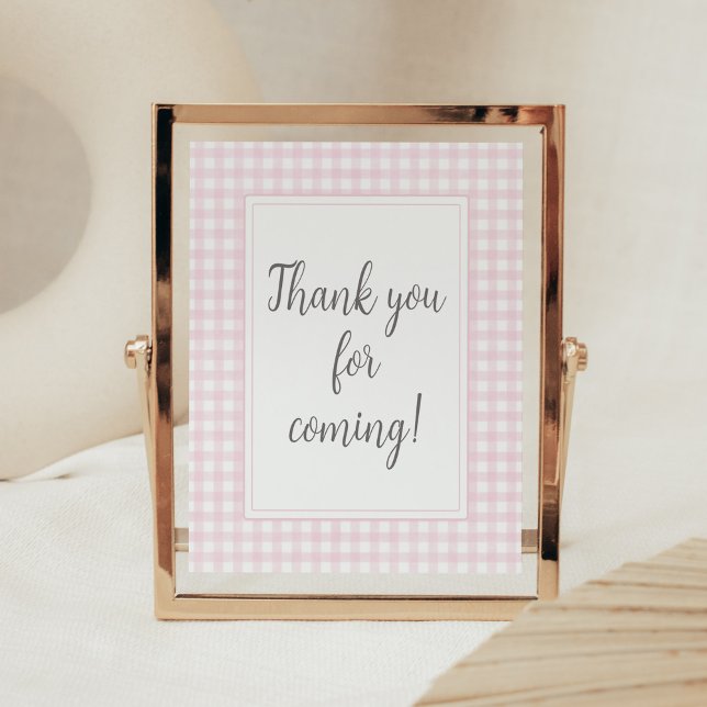 Klassisk Rosa Gingham Tack för att du kom Poster (Girl Gingham Baby Shower Thank you for Coming Sign)