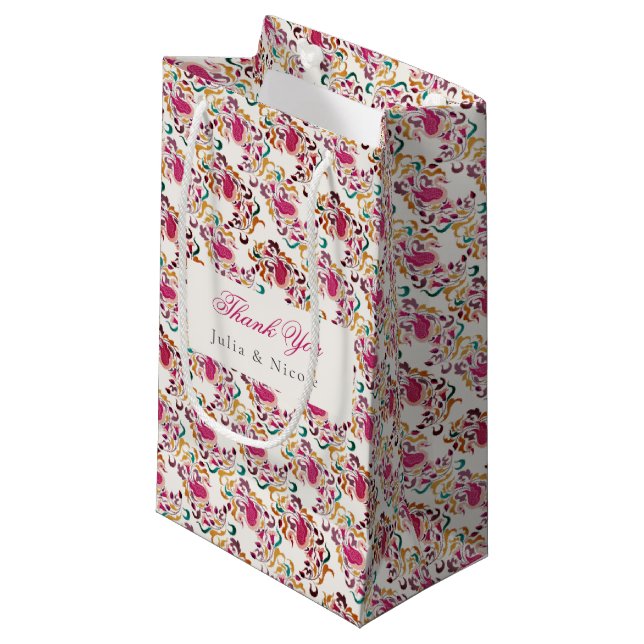 Klassisk Rosa Grön Gul Blommig Svan Fågel Bröllop (Framsidan Vinklad)