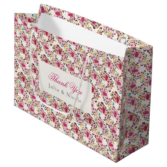 Klassisk Rosa Grön Gul Blommig Svan Fågel Bröllop (Framsidan Vinklad)