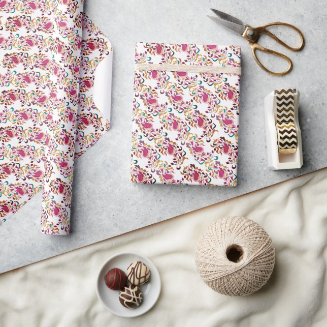 Klassisk Rosa Grön Gul Blommig Svan Fågel Bröllop Presentpapper (Hantverk)