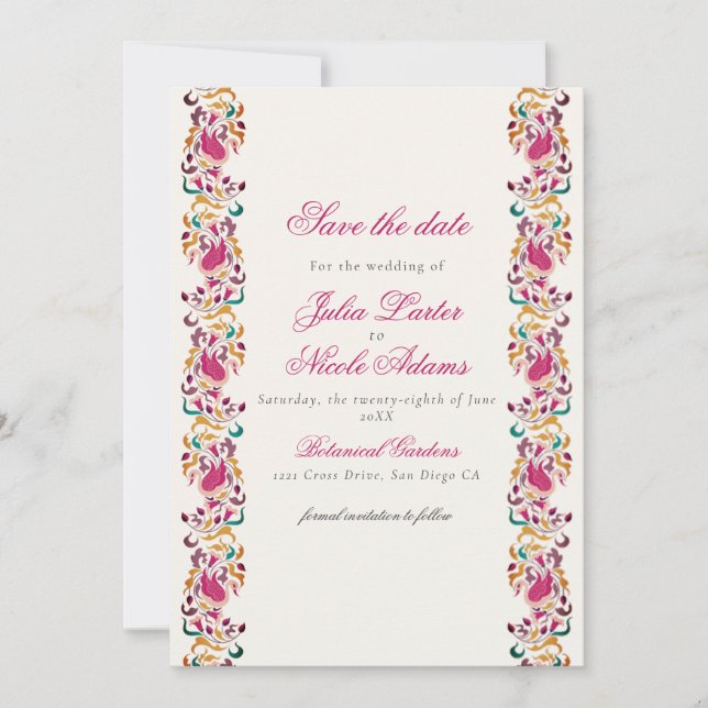 Klassisk Rosa Grön Gul Blommig Svan Fågel Bröllop Spara Datumet (Framsida)