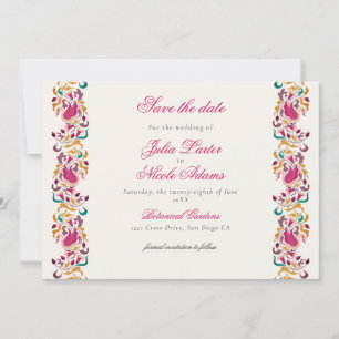 Klassisk Rosa Grön Gul Blommig Svan Fågel Bröllop Spara Datumet
