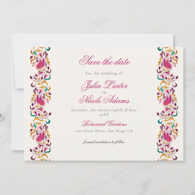 Klassisk Rosa Grön Gul Blommig Svan Fågel Bröllop Spara Datumet (Framsida)