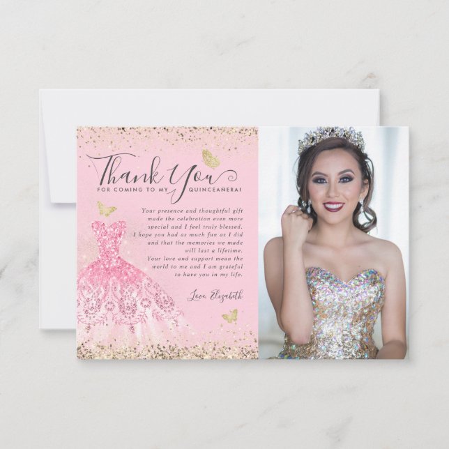 Klassisk  Rosa Guld Glitter Quinceanera 2Foto Tack Kort (Framsida)