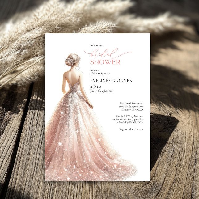 Klassisk  rosa med gnisttändning, bröllop-klänning inbjudningar (Classic blush pink sparkly wedding dress lux invitation)