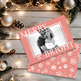 Klassisk rosa Merry & Bright djärv snöflinga foto Julkort