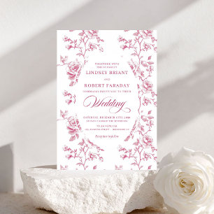 Klassisk rosa och vit Toile Roses bröllopsinbjudan Inbjudningar