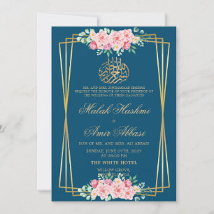 Klassisk Rosa ros Blue Islamic Muslim bröllop Inbjudningar