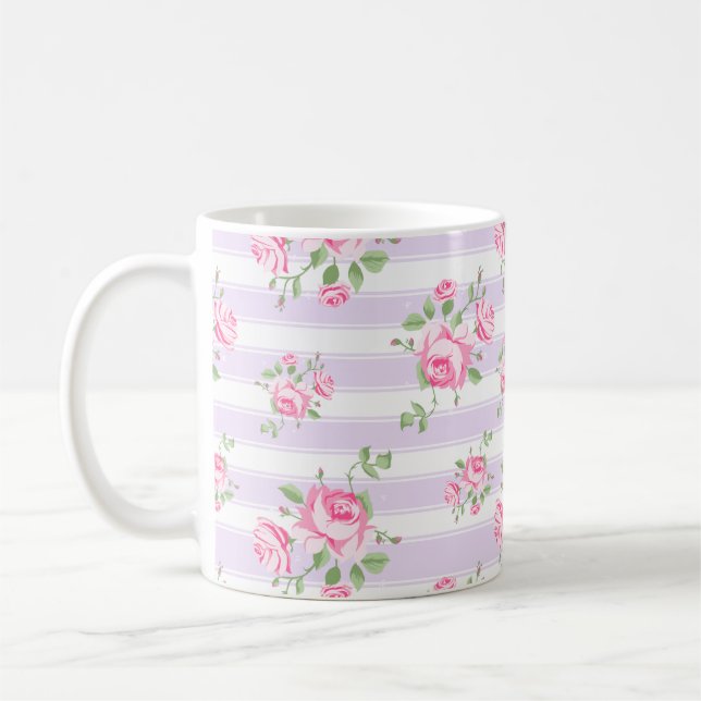 Klassisk rosa ros och randig stugkärna kaffe kaffemugg (Vänster)