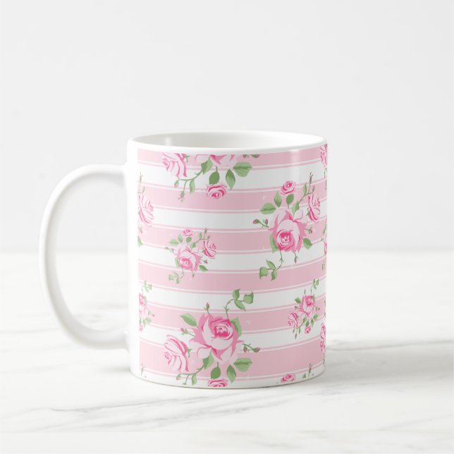 Klassisk rosa ros och randig stugkärna kaffe kaffemugg (Vänster)