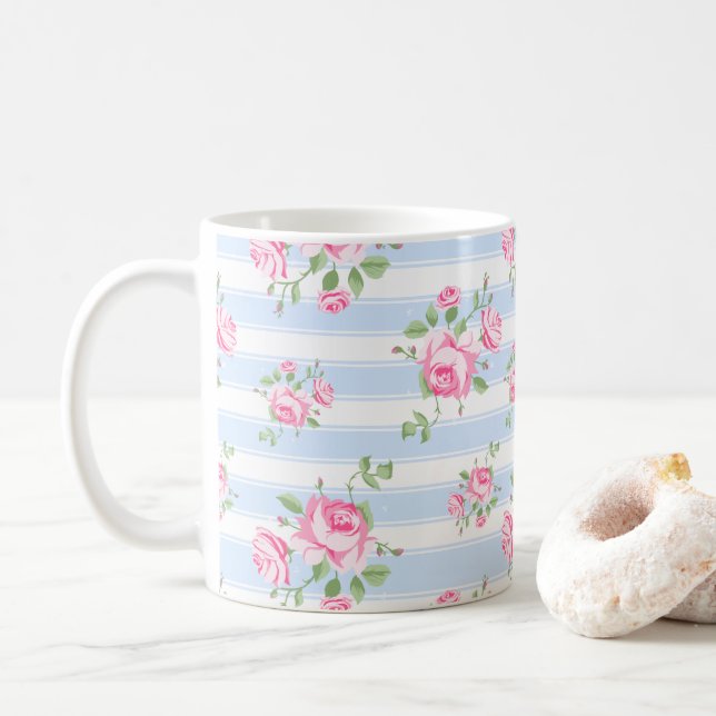 Klassisk rosa ros och randig stugkärna  kaffemugg (Med munk)