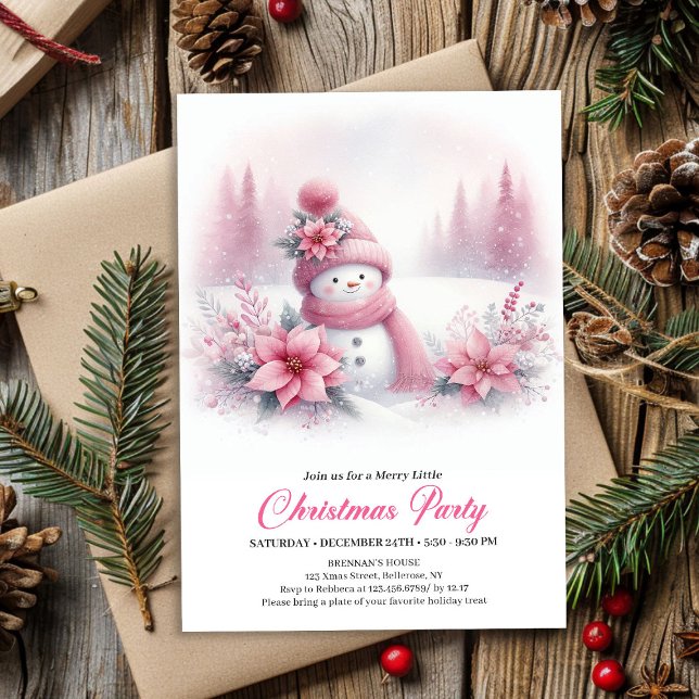 Klassisk Rosa Snömannen Barn Jul Inbjudan Digital (Classic Pink Snowman Kids Christmas Invite Digital File)