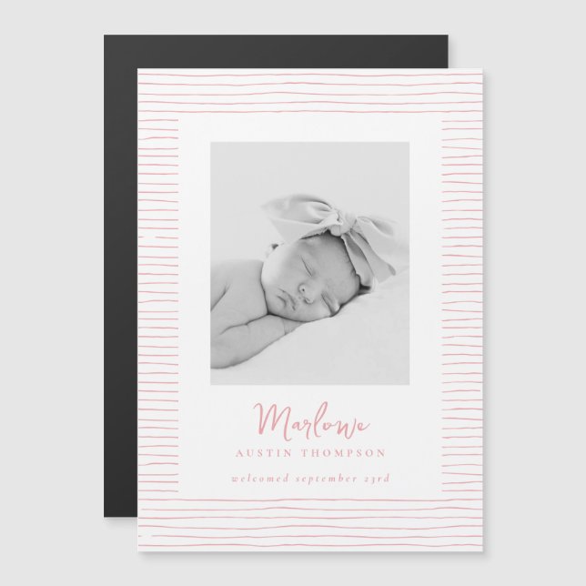 Klassisk Rosa, stripe Birth Notification Magnet (Fram/baksida)