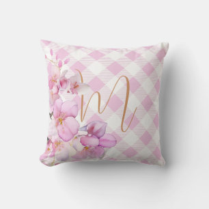 Klassisk rosa, vit gingham blommigt monogram kudde