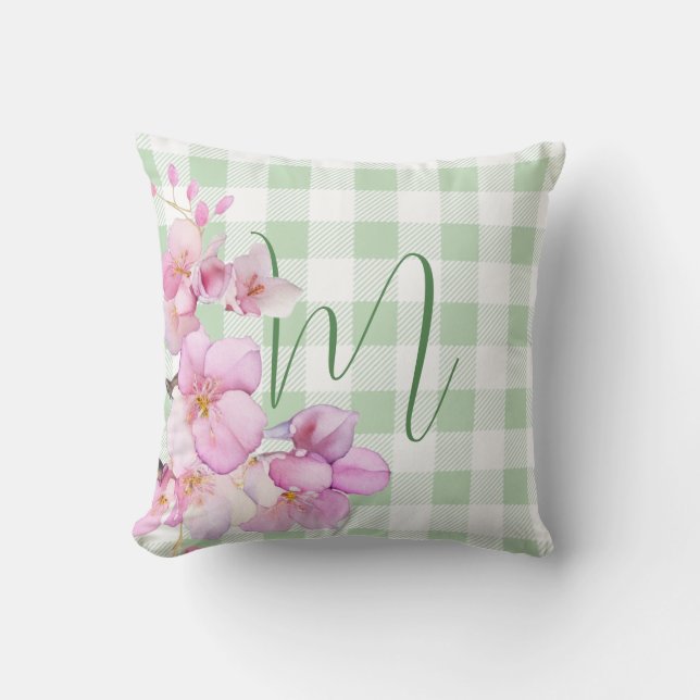 Klassisk rosa, vit gingham blommigt monogram kudde (Framsida)