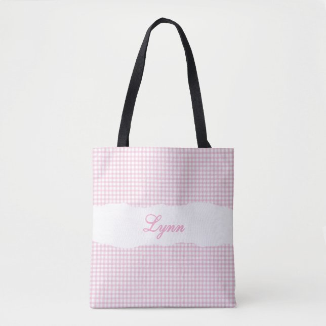 Klassisk rosa & vit Gingham | Personligt namn Tygkasse (Framsida)
