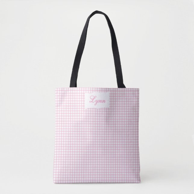 Klassisk rosa & vit Gingham | Personligt namn Tygkasse (Framsida)