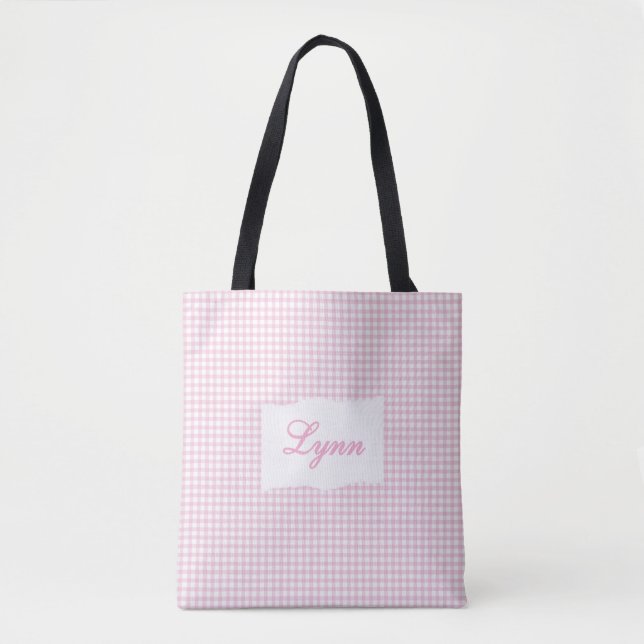 Klassisk Rosa & Vit Gingham | Personligt Namn Tygkasse (Framsida)