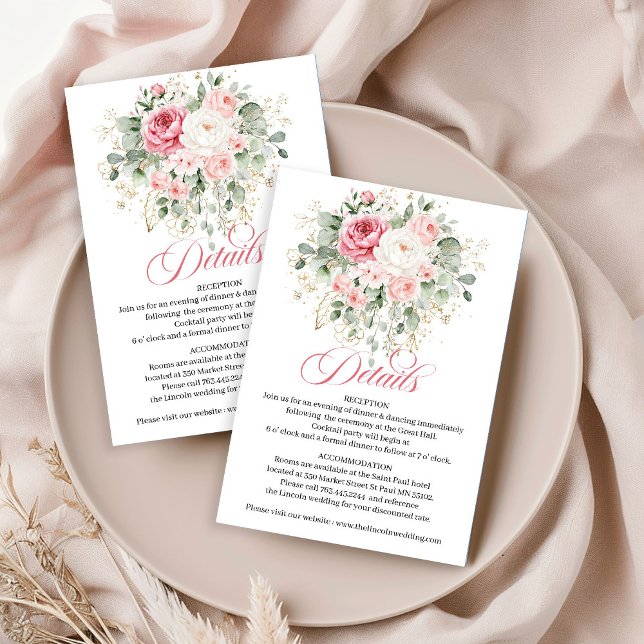 Klassisk rosablommande guldgrön chic bröllop tilläggskort (Classic blush floral gold greenery chic wedding details card

)