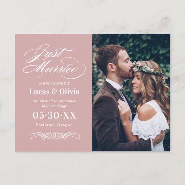 Klassisk rosapink Just Married-fotografi Meddelande Vykort (Framsida)