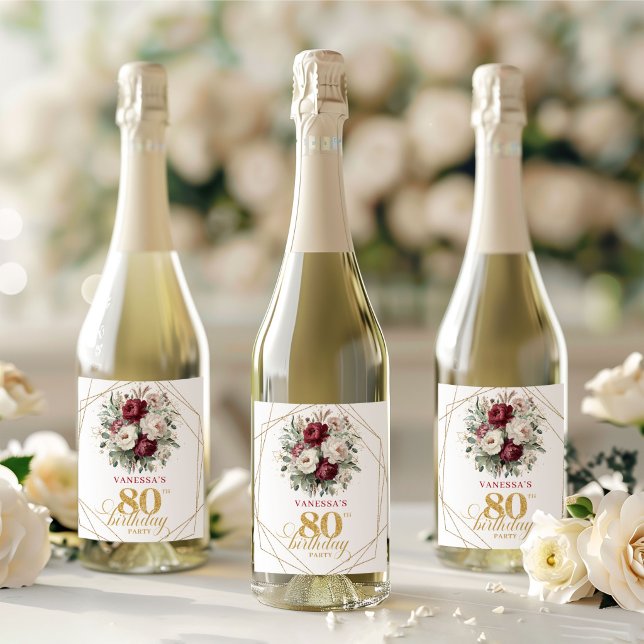 Klassisk rosé Burgunder Champagne för 80-årsfirand (Classic Blush Burgundy 80th Birthday Champagne Labels)