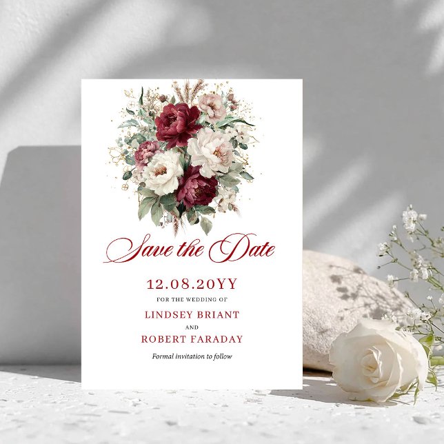 Klassisk rosé Burgundy blommande Spara datum Datumet (Classic Blush Burgundy Floral Save The Date)