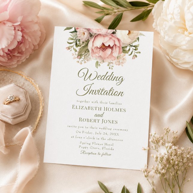 Klassisk rosé & elfenbensfärgad pion bröllopsinbju inbjudningar (Classic Blush & Ivory Peony Wedding Invitation)