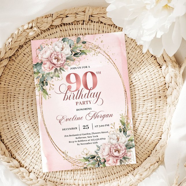Klassisk Rose Gold Blommor Grönska 90-årsdag  Inbjudningar (Classic Rose Gold Floral Greenery 90th Birthday Invite)
