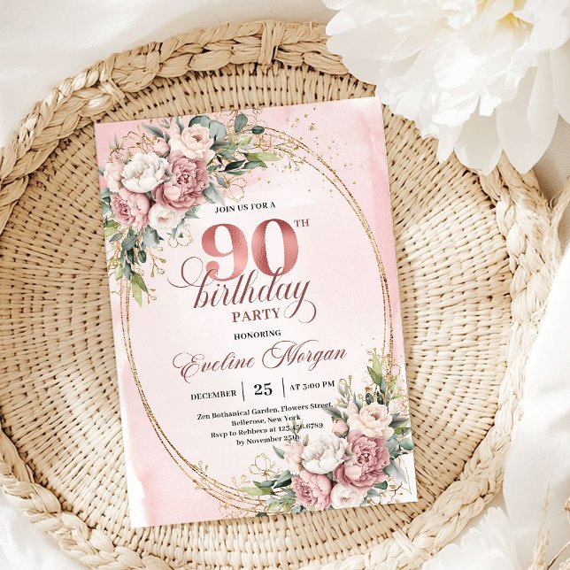 Klassisk Rose Gold Grönska 90-års Födelsedagsinbju Inbjudningar (Classic Rose Gold Greenery 90th Birthday Invitation)
