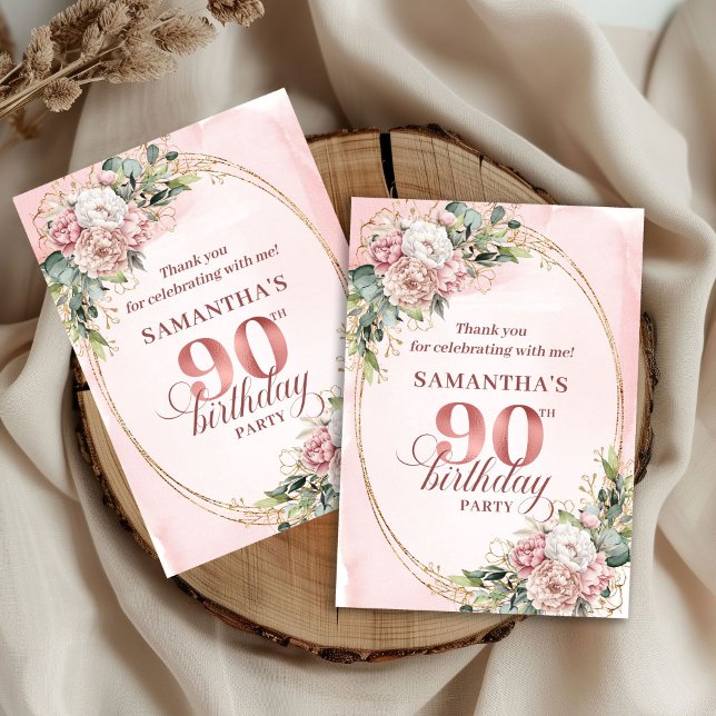 Klassisk Roséguld Grönska 90-års Födelsedags Tack Kort (Classic Rose Gold Greenery 90th Birthday Thank You Card)